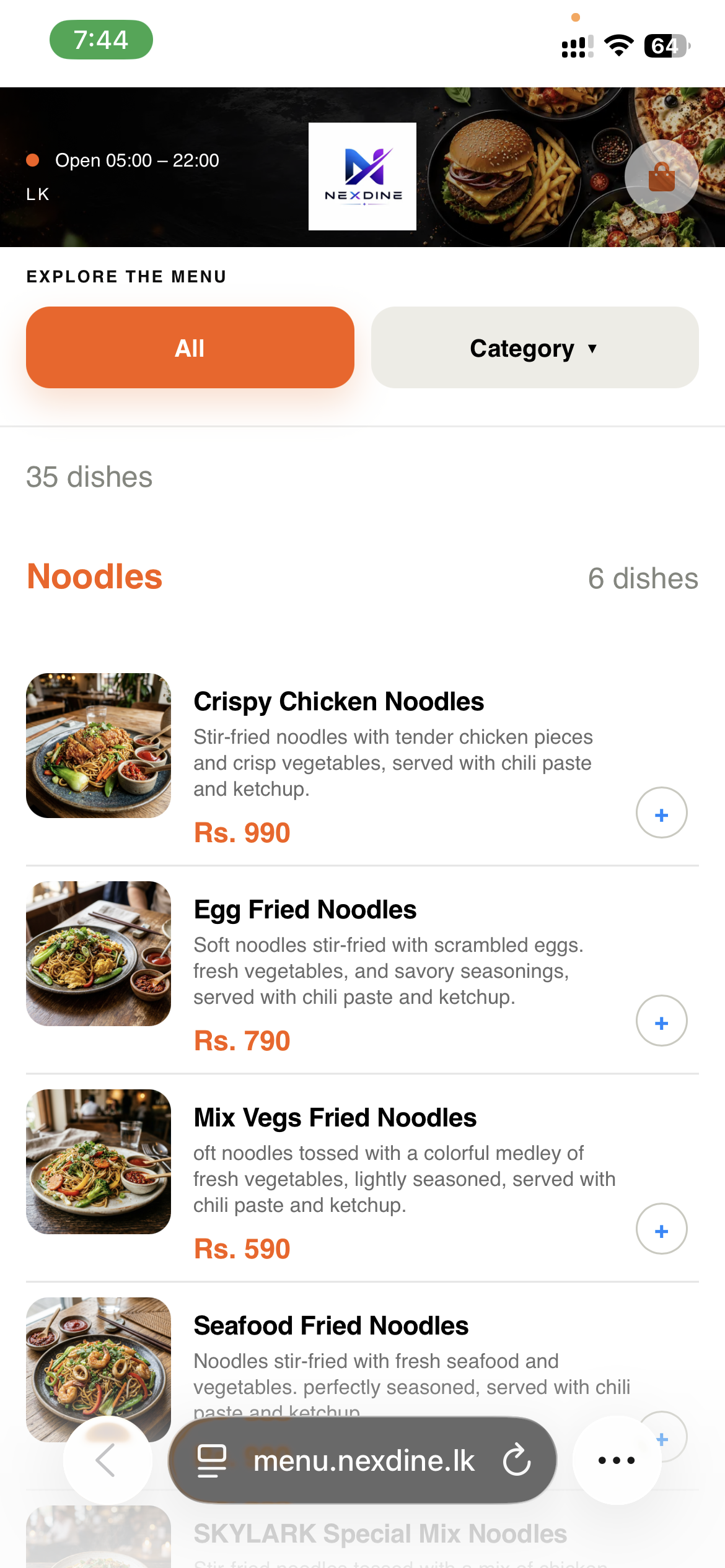 NexDine QR menu with food categories